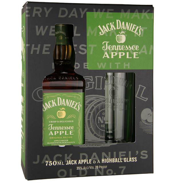 Jack Daniel's Tennessee Apple Whiskey gift set with highball glass for a smooth sipping experience.